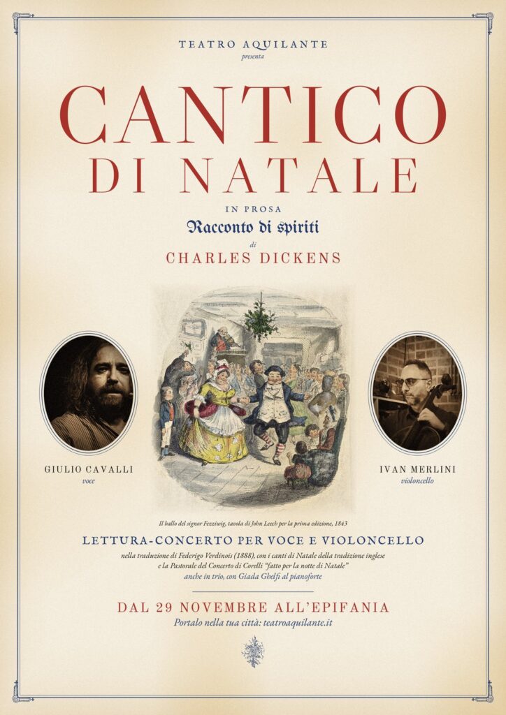 Locandina di Cantico di Natale: il titolo rosso e blu del frontespizio del 1843 e la tavola di John Leech con il ballo del signor Fezziwig